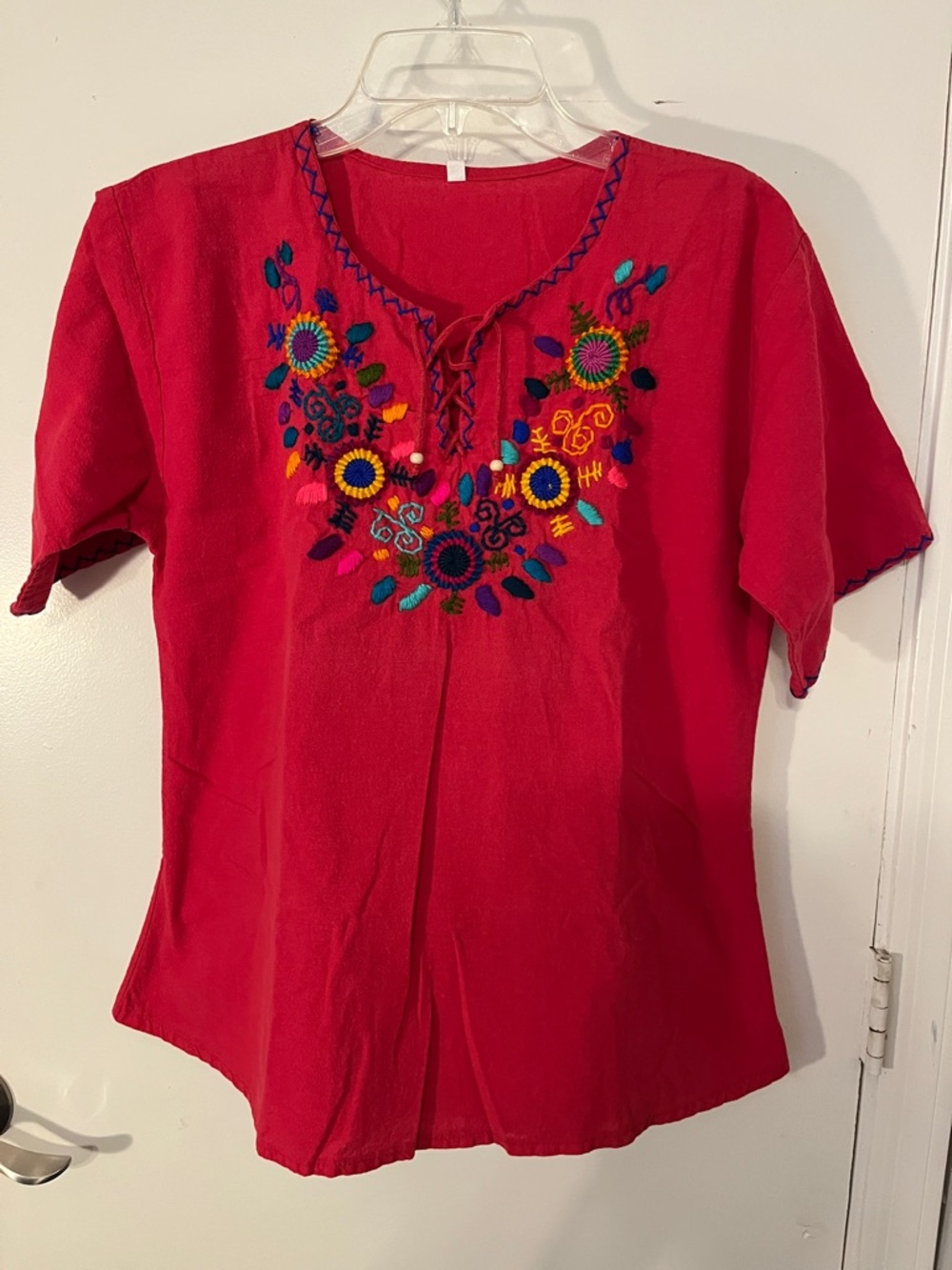 Peasant blouse, red embroidered front with lace up closure size extra large